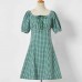 Sweet Green Plaid Puff Sleeve Mom Girl Matching Dress - 13120