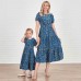 Sweet Navy Blue Flower Ruffled Round Neck Short Sleeve Mom Girl Matching Dress - 1322