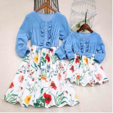 Sweet Denim Floral Stitching Long Sleeve Mom Girl Matching Dress