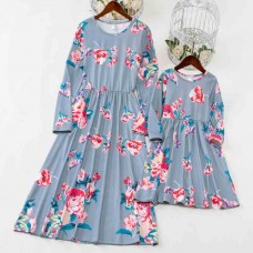 Sweet Grey Flowers Long Sleeve Mom Girl Matching Dress - 13135