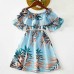 Sweet Plant Print Blue Dress Mom Girl Matching Dress - 13148