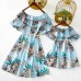 Sweet Plant Print Blue Dress Mom Girl Matching Dress - 13148