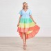 Sweet Color Block Short Sleeve Mom Girl Matching Dress - 1305