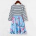 Casual Blue Flower Stripe Stitching Long-sleeved Mom Kids Matching Dress And T-shirt