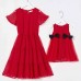 Sweet Red Chiffon Jacquard Short Sleeve Mom Girl Matching Dress - 13202