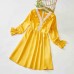 Sweet V-neck Long Sleeved Lace Stitching Yellow Mom Girl Matching Dress - 1397