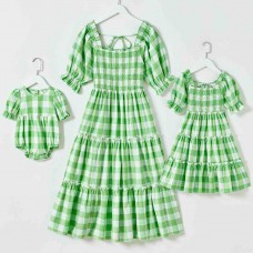 Sweet Green Plaid Puff Sleeve Mom Girl Matching Dress - 13105