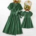 Sweet Green Cotton Blend Short Sleeve Mom Girl Matching Dress - 1347