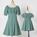 Sweet Green Plaid Puff Sleeve Mom Girl Matching Dress - 13120