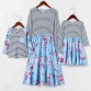 Casual Blue Flower Stripe Stitching Long-sleeved Mom Kids Matching Dress And T-shirt