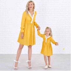 Sweet V-neck Long Sleeved Lace Stitching Yellow Mom Girl Matching Dress - 1397