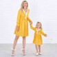 Sweet V-neck Long Sleeved Lace Stitching Yellow Mom Girl Matching Dress - 1397