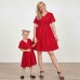 Sweet Red Jacquard Chiffon Short Sleeve Mom Girl Matching Dress - 13114