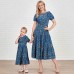 Sweet Navy Blue Flower Ruffled Round Neck Short Sleeve Mom Girl Matching Dress - 1322