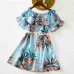 Sweet Plant Print Blue Dress Mom Girl Matching Dress - 13148