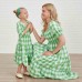 Sweet Green Plaid Puff Sleeve Mom Girl Matching Dress - 13105