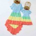 Sweet Color Block Short Sleeve Mom Girl Matching Dress - 1305