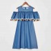 Sweet Denim Color Fringe Ruffle Off Shoulder Mom Girl Matching Dress - 1351