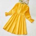 Sweet V-neck Long Sleeved Lace Stitching Yellow Mom Girl Matching Dress - 1397