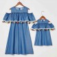 Sweet Denim Color Fringe Ruffle Off Shoulder Mom Girl Matching Dress - 1351