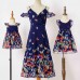 Sweet Dark Blue Butterfly Print Mom Girl Baby Matching Dress