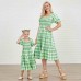 Sweet Green Plaid Puff Sleeve Mom Girl Matching Dress - 13105