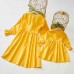 Sweet V-neck Long Sleeved Lace Stitching Yellow Mom Girl Matching Dress - 1397