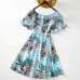 Sweet Plant Print Blue Dress Mom Girl Matching Dress - 13148