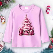 【12M-9Y】Girl Pink Christmas Tree Print Cotton Stain Resistant Long Sleeve T-shirt