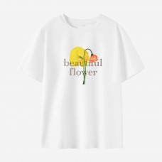 Women Flowers And Letters Print Cotton Stain Resistant Short Sleeve T-shirt