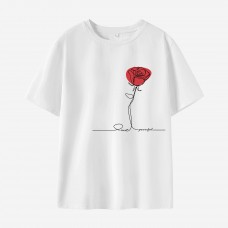 Women Cotton Stain Resistant Red Roses And Letters Print Short Sleeve T-Shirt