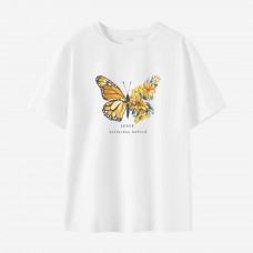 Women Cotton Stain Resistant Butterflies And Flowers Print Short Sleeve T-shirt