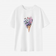 Women Cotton Stain Resistant Flowers Ice Cream Print Short Sleeve T-shirt