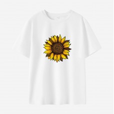 Women Leopard Sunflower Print Cotton Stain Resistant Short Sleeve T-shirt