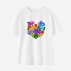 Women Flower Heart Print Cotton Stain Resistant Short Sleeve T-shirt