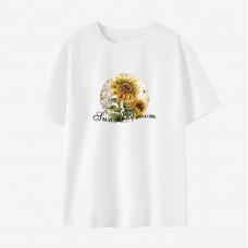 Women Sunflower Print Cotton Stain Resistant Short Sleeve T-shirt