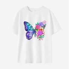 Women Floral Butterfly Print Cotton Stain Resistant Short Sleeve T-shirt