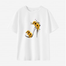 Women Sunflower High Heel Print Cotton Stain Resistant Short Sleeve T-shirt