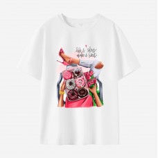 Women Beauty Dessert Print Cotton Stain Resistant Short Sleeve T-shirt