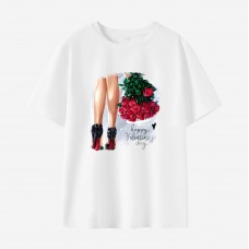 Women Rose Beauty Print Cotton Stain Resistant Short Sleeve T-shirt