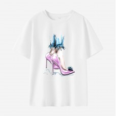 Women High Heel Print Cotton Stain Resistant Short Sleeve T-shirt