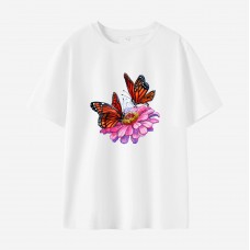 Women Flower Butterfly Print Cotton Stain Resistant Short Sleeve T-shirt