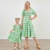 Sweet Green Plaid Puff Sleeve Mom Girl Matching Dress - 13105