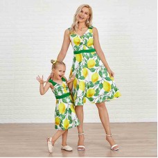 Sweet Yellow Lemon Print Mom Girl Matching Dress