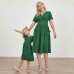 Sweet Green Cotton Blend Short Sleeve Mom Girl Matching Dress - 1347