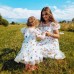 Sweet White Mesh Embroidery Round Neck Puff Sleeve Mom Girl Matching Dress - 13171
