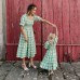 Sweet Green Plaid Puff Sleeve Mom Girl Matching Dress - 13105