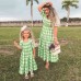 Sweet Green Plaid Puff Sleeve Mom Girl Matching Dress - 13105