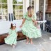 Sweet Green Plaid Puff Sleeve Mom Girl Matching Dress - 13105