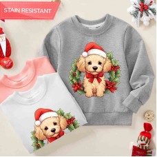 【12M-9Y】Unisex Kids Cotton Stain Resistant Christmas Golden Retriever Dog Print Long Sleeve Sweatshirt